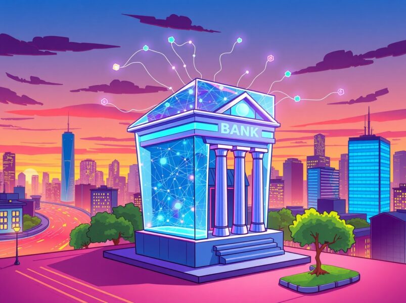 A vibrant cartoon illustration of a revolutionary blockchain bank transforming digital finance with transparent operations.