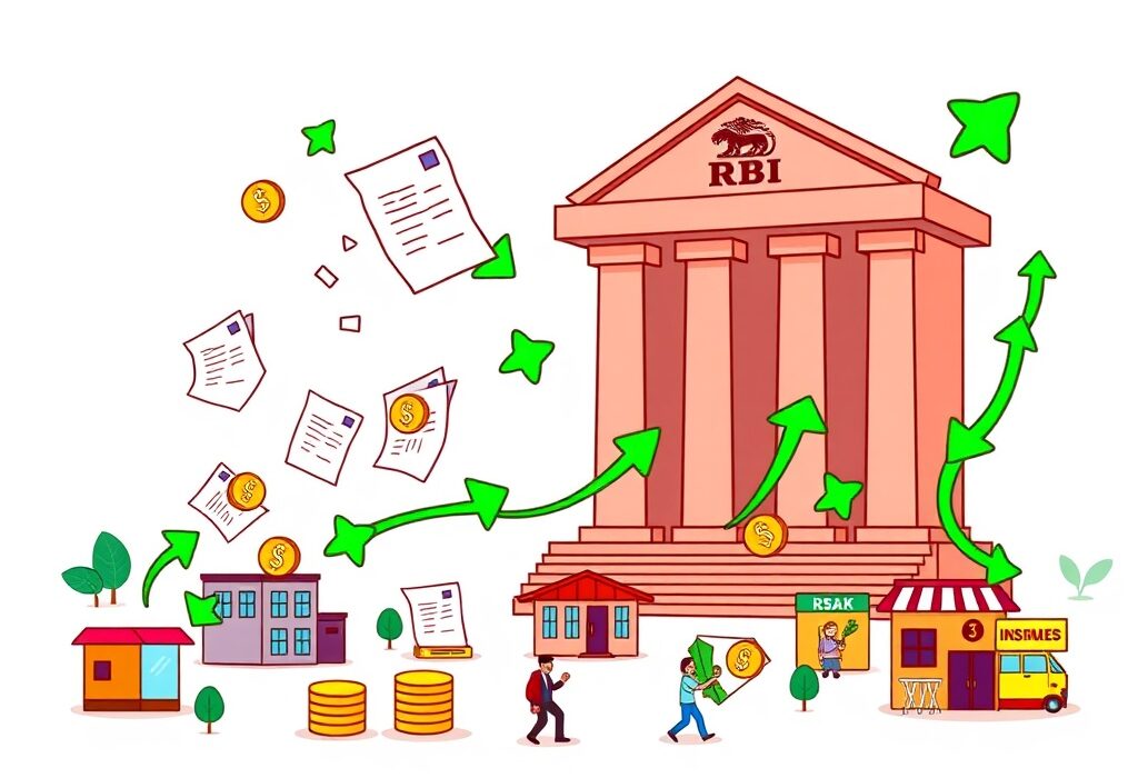 A cartoon depicting the flow of funds in a blockchain-based MSME financing system, showing quick credit access for small businesses.