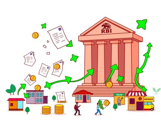 A cartoon depicting the flow of funds in a blockchain-based MSME financing system, showing quick credit access for small businesses.