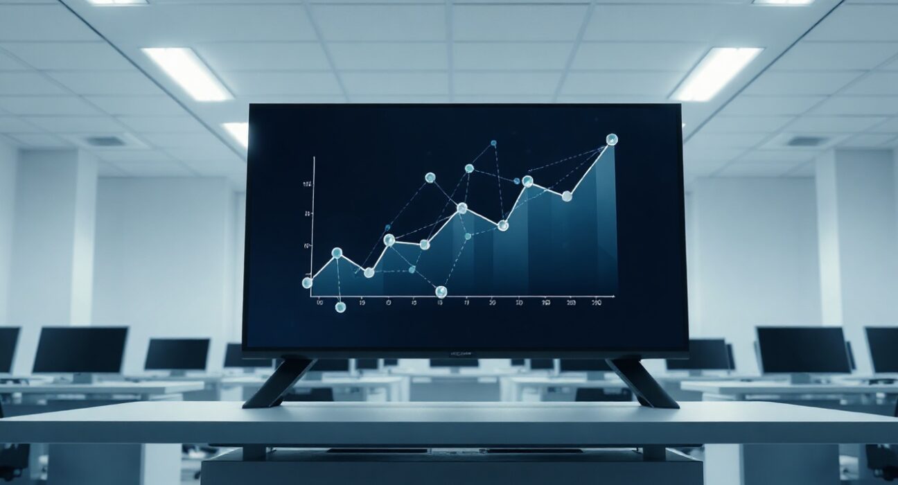 Futuristic crypto trading desk with blockchain network visualization on screen