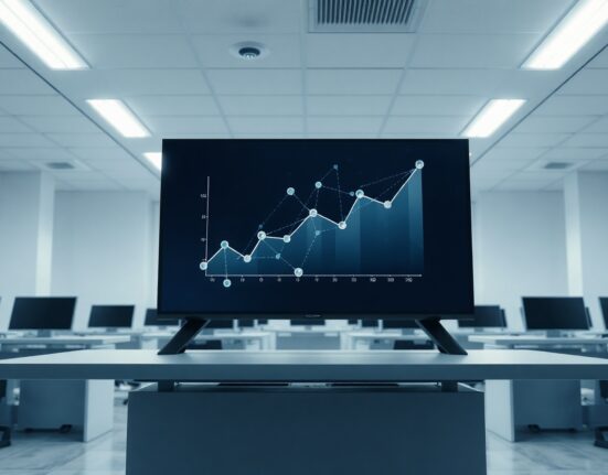 Futuristic crypto trading desk with blockchain network visualization on screen