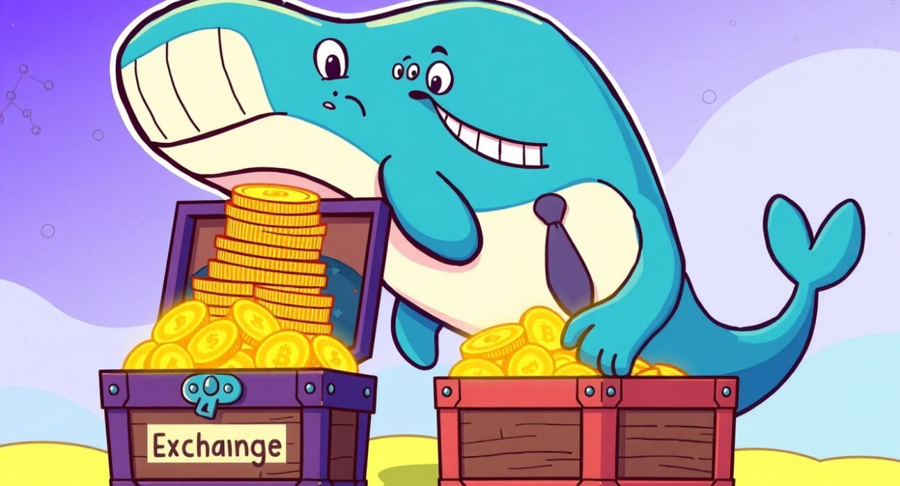 Cartoon illustration of a Blockchain Capital UNI withdrawal represented by a whale moving digital coins.