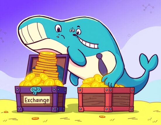 Cartoon illustration of a Blockchain Capital UNI withdrawal represented by a whale moving digital coins.