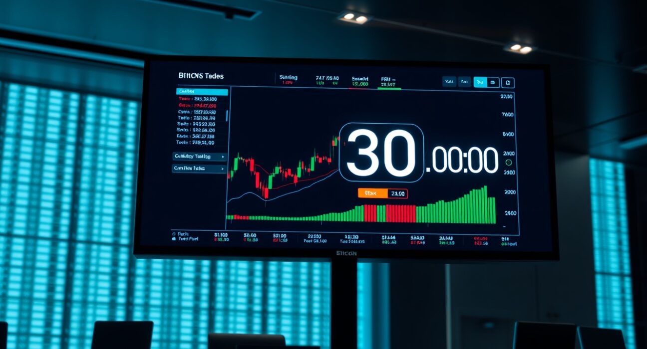 A digital trading interface showing a Bitcoin price chart with a 30-second countdown timer.