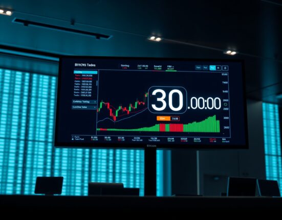 A digital trading interface showing a Bitcoin price chart with a 30-second countdown timer.