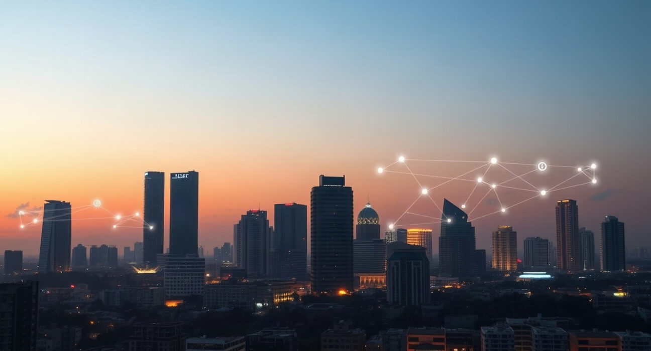 Lagos skyline with digital blockchain and cryptocurrency symbols representing Nigeria's crypto regulation
