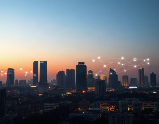 Lagos skyline with digital blockchain and cryptocurrency symbols representing Nigeria's crypto regulation