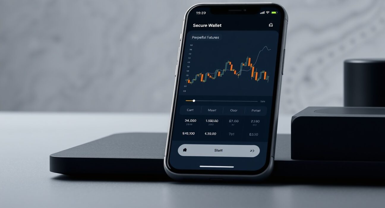 Blockchain.com's non-custodial wallet interface showing perpetual futures trading functionality with Bitcoin collateral.