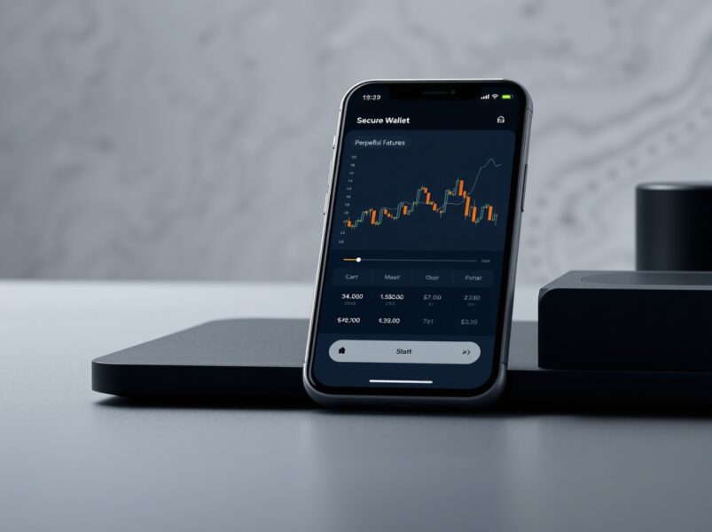 Blockchain.com's non-custodial wallet interface showing perpetual futures trading functionality with Bitcoin collateral.