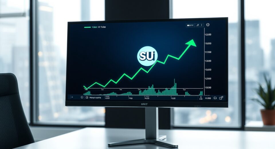 Digital trading interface displaying SUI token price chart on a monitor in a modern office