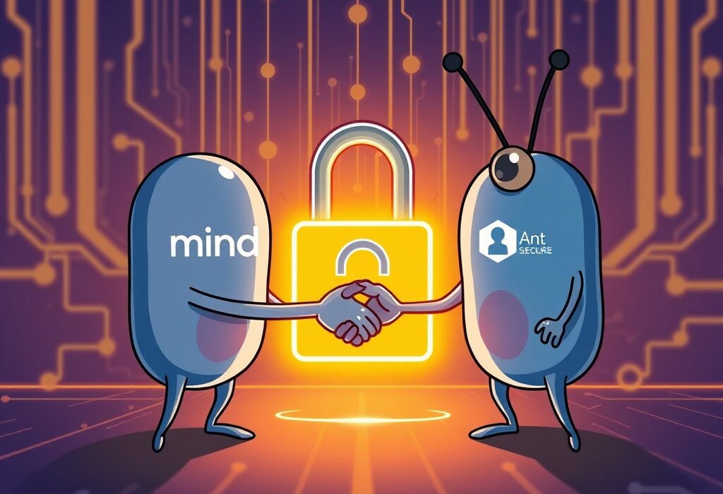 Cartoon illustration showing Mind Network and Ant Group collaborating to enhance blockchain data security, symbolizing a secure digital future.