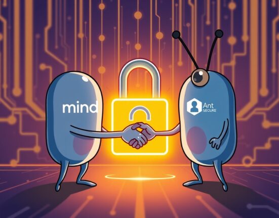 Cartoon illustration showing Mind Network and Ant Group collaborating to enhance blockchain data security, symbolizing a secure digital future.