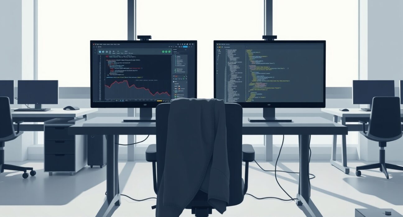 Blockchain development activity decline shown through empty developer workspace with monitors displaying reduced code commits