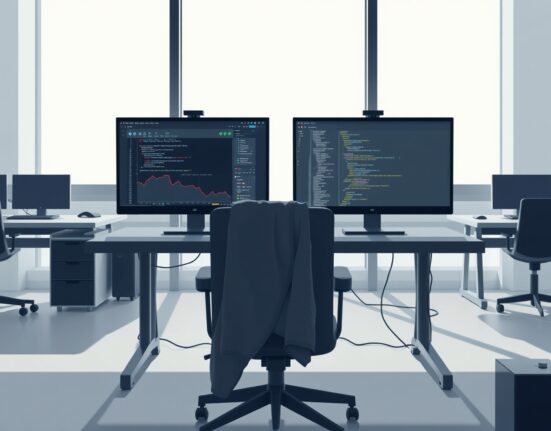 Blockchain development activity decline shown through empty developer workspace with monitors displaying reduced code commits
