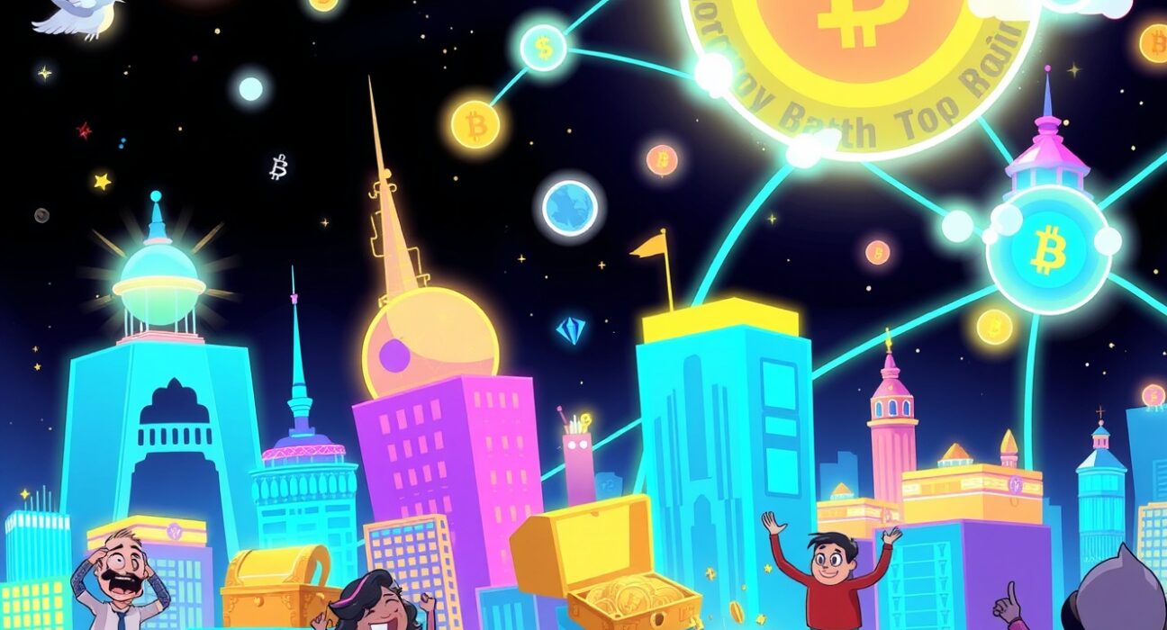 Vibrant cartoon illustration showing blockchain fee revenue flowing between interconnected network cities