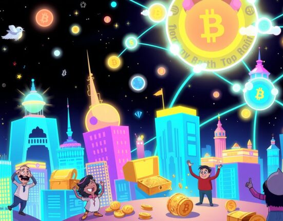 Vibrant cartoon illustration showing blockchain fee revenue flowing between interconnected network cities