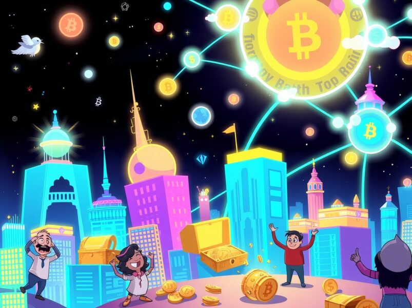 Vibrant cartoon illustration showing blockchain fee revenue flowing between interconnected network cities