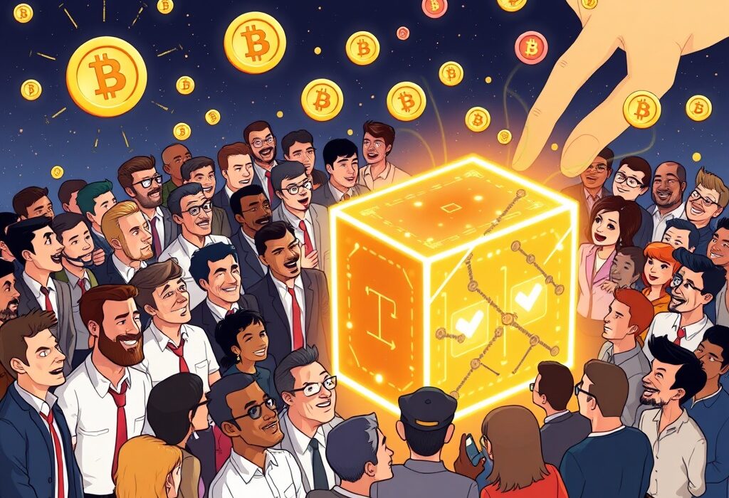 Cartoon illustration depicting significant blockchain funding enabling the creation of a new decentralized network, symbolizing innovation and growth.