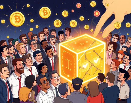 Cartoon illustration depicting significant blockchain funding enabling the creation of a new decentralized network, symbolizing innovation and growth.