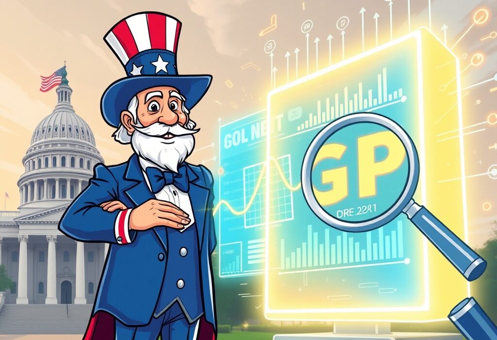 Illustration of the US government embracing blockchain technology to record and enhance the transparency of Blockchain GDP Data.