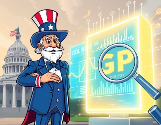Illustration of the US government embracing blockchain technology to record and enhance the transparency of Blockchain GDP Data.