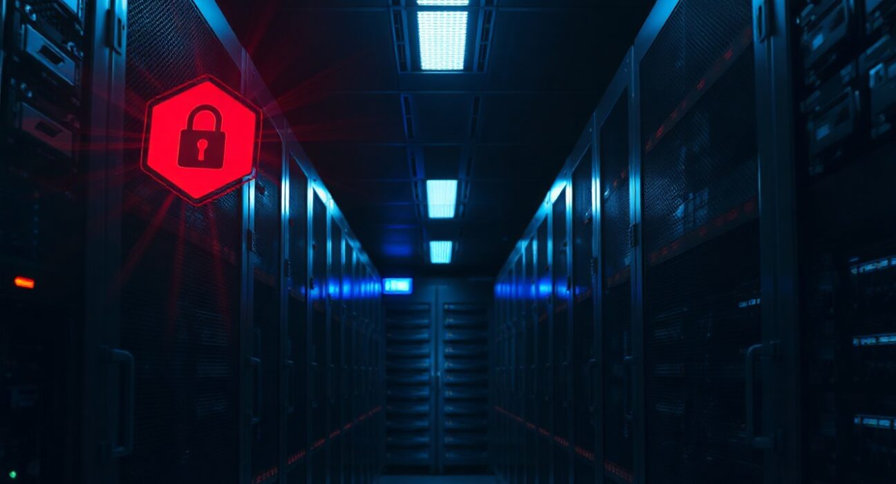 Dimly lit server room with a red warning light on a server rack indicating a security breach.