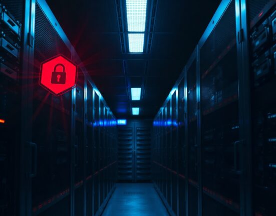 Dimly lit server room with a red warning light on a server rack indicating a security breach.