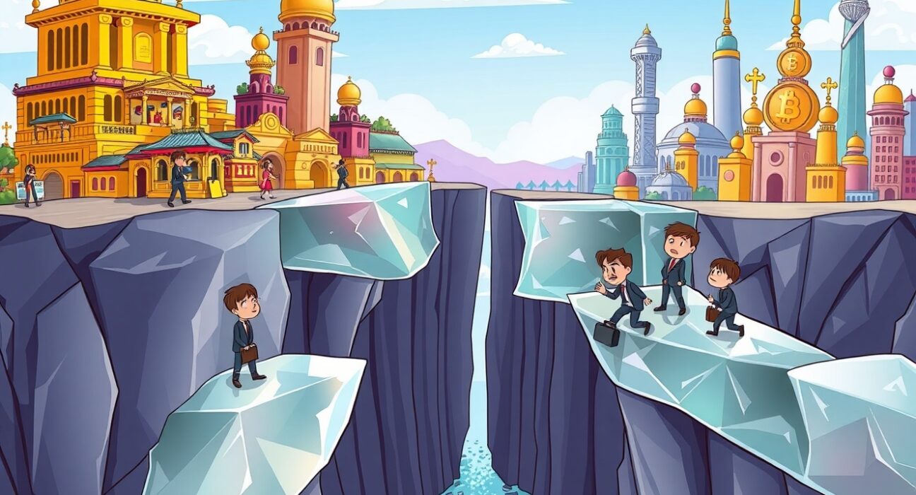 Cartoon illustration of blockchain liquidity fragmentation blocking a bridge between traditional and digital asset cities.