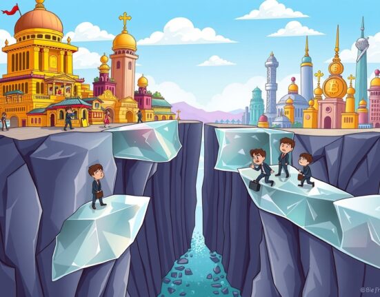 Cartoon illustration of blockchain liquidity fragmentation blocking a bridge between traditional and digital asset cities.