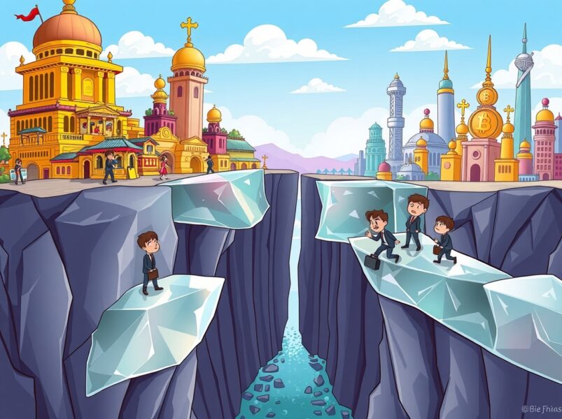 Cartoon illustration of blockchain liquidity fragmentation blocking a bridge between traditional and digital asset cities.