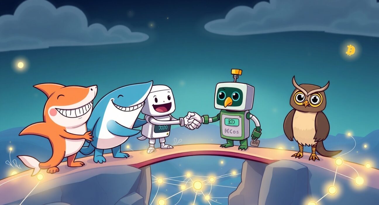 A vibrant cartoon of blockchain networks uniting to build a new payment standard bridge.