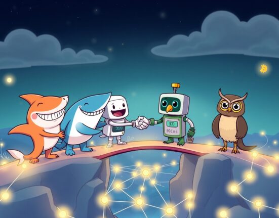 A vibrant cartoon of blockchain networks uniting to build a new payment standard bridge.