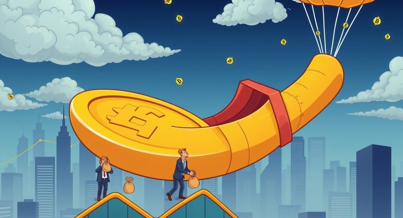 Cartoon illustration showing the alarming plunge in blockchain startups market cap during a liquidity crisis.