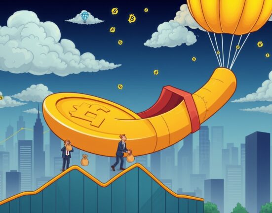 Cartoon illustration showing the alarming plunge in blockchain startups market cap during a liquidity crisis.