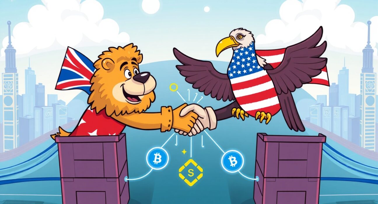 Cartoon illustrating the strategic importance of blockchain integration in the UK-US Tech Bridge for economic collaboration and innovation.