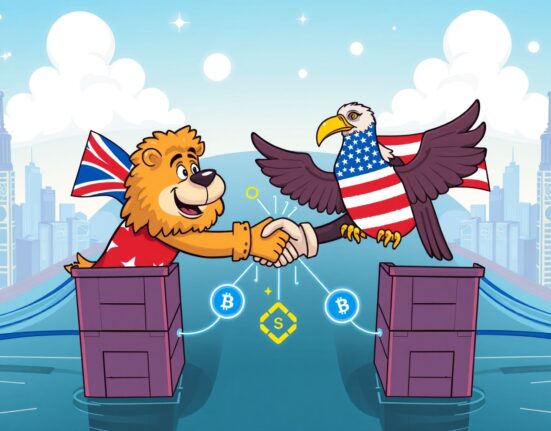 Cartoon illustrating the strategic importance of blockchain integration in the UK-US Tech Bridge for economic collaboration and innovation.