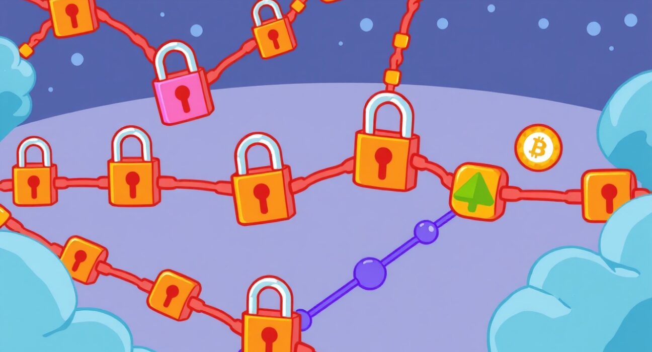 Blockchains freeze user funds in a vibrant cartoon illustration showing restricted cryptocurrency networks