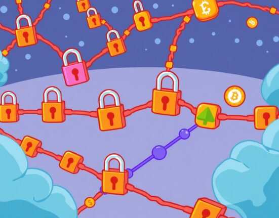 Blockchains freeze user funds in a vibrant cartoon illustration showing restricted cryptocurrency networks