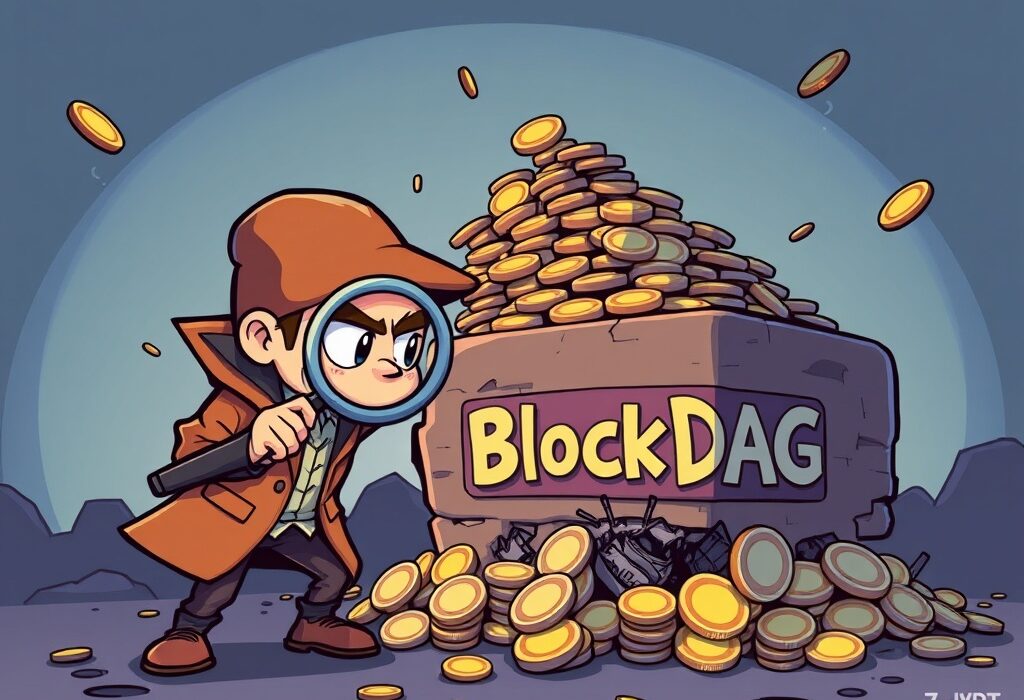 A cartoon detective investigates a suspicious BlockDAG project, highlighting concerns over its presale claims and authenticity.