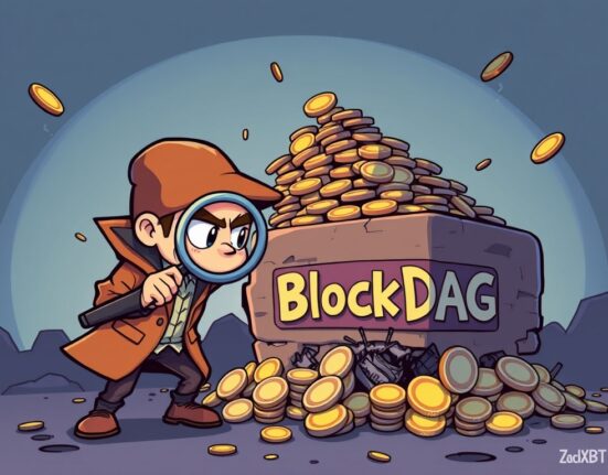 A cartoon detective investigates a suspicious BlockDAG project, highlighting concerns over its presale claims and authenticity.