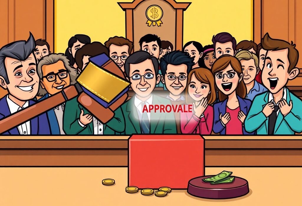 Cartoon illustration of a judge's gavel approving the BlockFi settlement, bringing relief to investors.