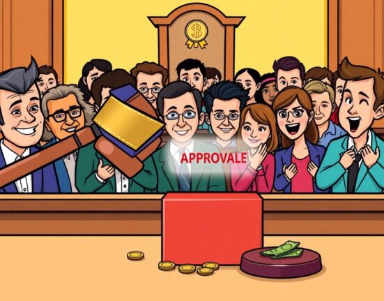 Cartoon illustration of a judge's gavel approving the BlockFi settlement, bringing relief to investors.