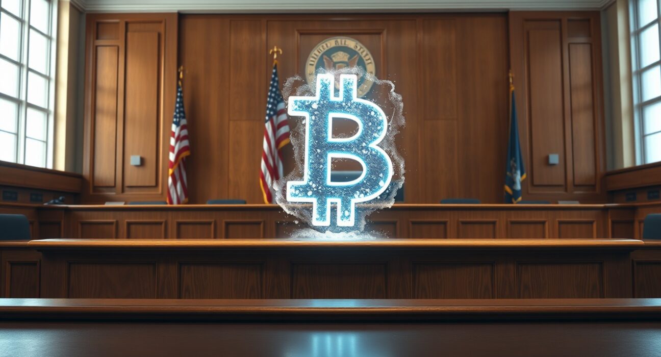 US courtroom scene with a frozen Bitcoin symbol representing the BlockFills lawsuit and asset