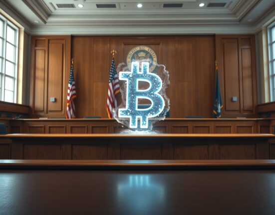 US courtroom scene with a frozen Bitcoin symbol representing the BlockFills lawsuit and asset