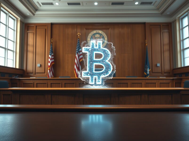 US courtroom scene with a frozen Bitcoin symbol representing the BlockFills lawsuit and asset freeze.