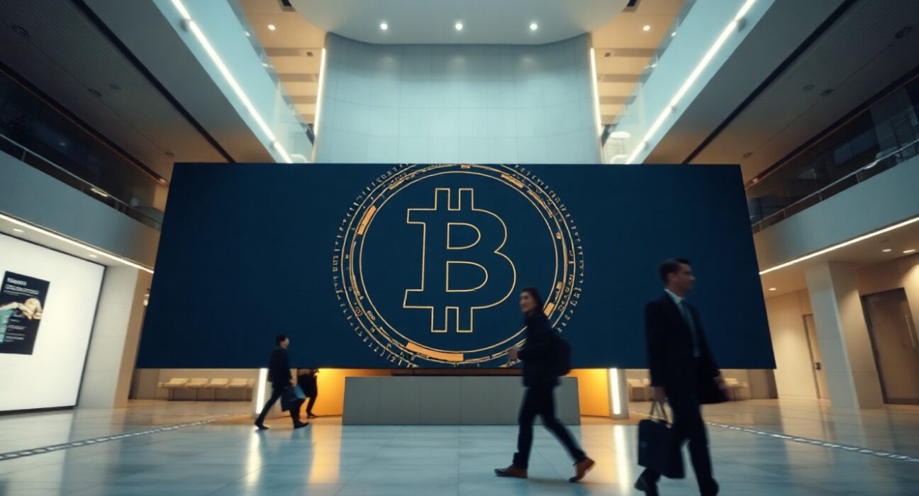Bitcoin logo displayed on a digital screen in a modern banking hall, representing the concept of a Bitcoin-based neobank.