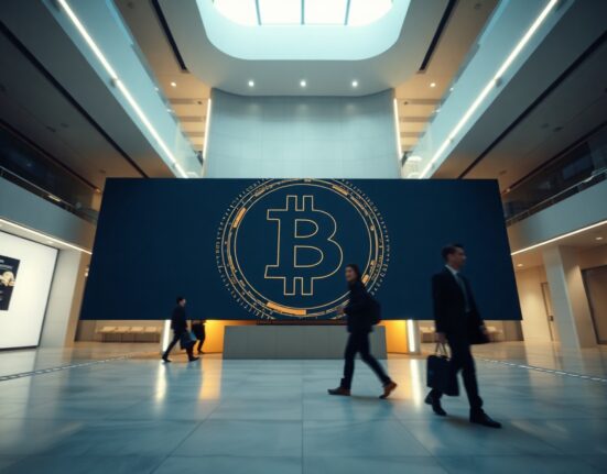 Bitcoin logo displayed on a digital screen in a modern banking hall, representing the concept of a Bitcoin-based neobank.