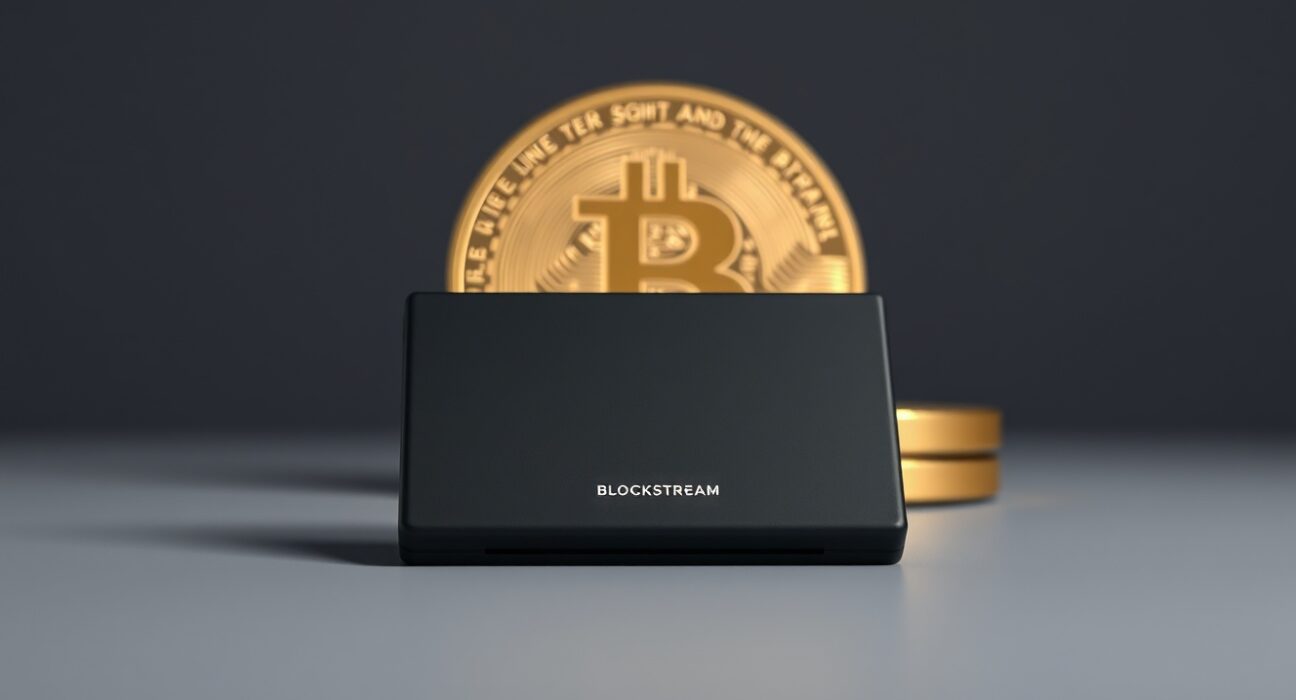 Blockstream Jade hardware wallet on a neutral surface with a Bitcoin in the background