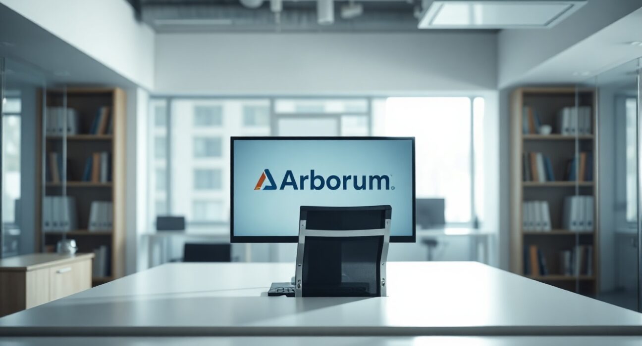 Empty office desk with a computer monitor displaying the Arbitrum logo, symbolizing Blockworks' departure as a DAO delegate.