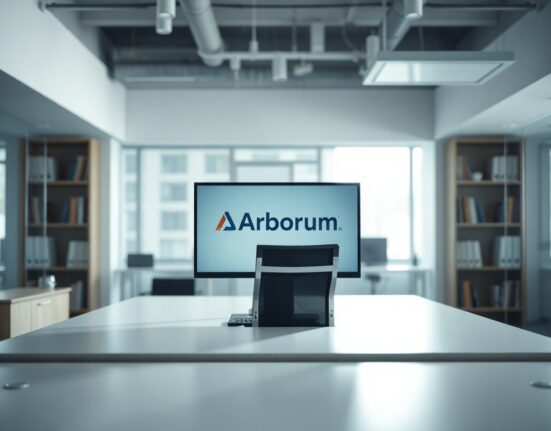 Empty office desk with a computer monitor displaying the Arbitrum logo, symbolizing Blockworks' departure as a DAO delegate.
